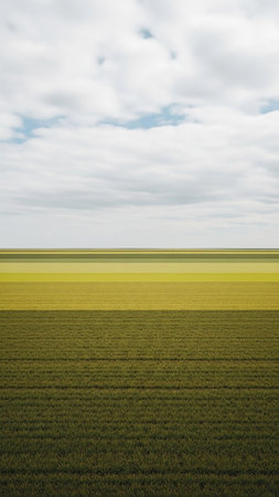 A minimalist landscape featuring distinct horizontal bands of green and yellow across a vast field, under a pale sky with scattered clouds.の素材