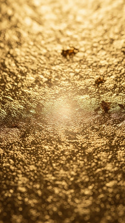 Golden showing macro capturing the textured, golden surface of crumpled foil illuminated by a bright light source, creating a shimmering, abstract background with...の素材