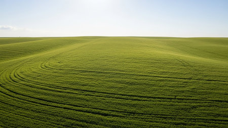 Gently rolling green hills of a cultivated field display distinct curved rows and patterns under a bright, clear blue sky on a sunny day.Category: Nature,...の素材