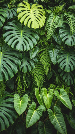 A dense vertical arrangement of lush green tropical leaves, featuring monstera and philodendron, creates a rich botanical texture.の素材