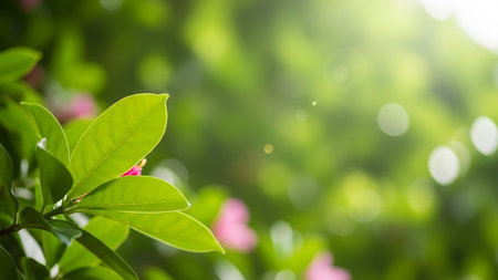 Serene showing close up of vibrant green leaves with delicate pink flowers and sun flares creating a and organic natural scene with soft bokeh background keywords:...の素材