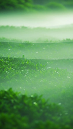 Layers of lush green foliage are shrouded in a soft, ethereal mist, creating a dreamy and atmospheric natural landscape with a serene, tranquil feel.の素材