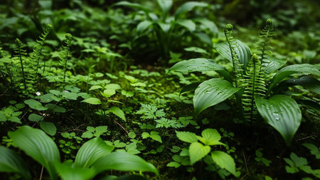 A dense, lush forest undergrowth filled with various green plants, including ferns and broad-leafed foliage, glistens with water droplets.の素材