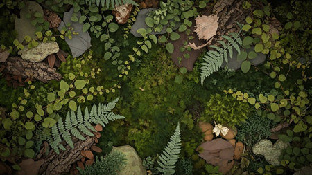 Keywords: showing lush forest floor with moss ferns bark stones and small green leaves creating a natural textured backgroundscape keywords: forest floor, moss,...の素材