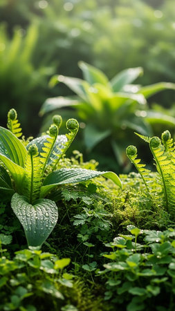 Close-up of unfurling fern fronds and vibrant green moss covered in sparkling water droplets, bathed in soft sunlight.の素材