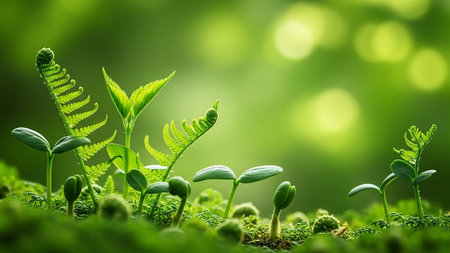 Stock showing close-up macro shot of young green plant sprouts and fern fronds emerging from mossy ground with soft bokeh background of bright green light.の素材