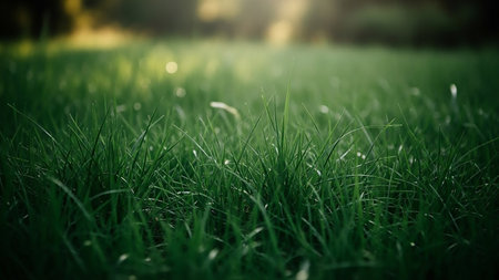 Serene showing close-up macro shot of lush green grass blades with soft golden sunlight filtering through the background creating a bokeh effect keywords: grass,...の素材