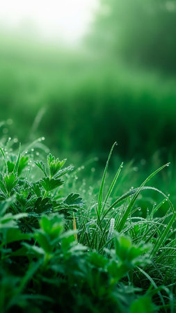 Glistening dew drops cover lush green grass and small plants in a serene meadow, with soft, misty light creating a tranquil morning atmosphere.の素材