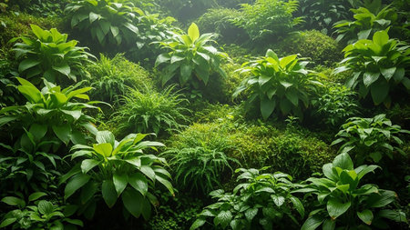 A dense wall of lush green foliage and mosses, with various leaf shapes and textures, illuminated by soft, dappled sunlight filtering from above.の素材
