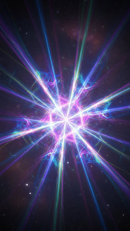 Luminous showing a radiant starburst fractal pattern of bright pink, purple, and blue light emanating outwards against a deep space background with subtle stars and...の素材