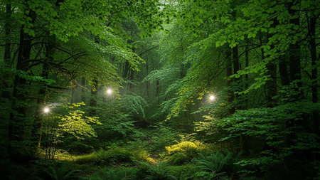 A magical forest scene with tall green trees, ferns, and glowing lights illuminating the lush vegetation, creating an ethereal and mystical atmosphere.の素材