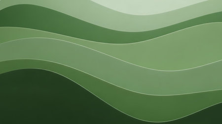 Serene showing gentle wavy layers of muted green tones creating a serene and minimalist abstract background with soft shadows and a smooth, clean aesthetic...の素材