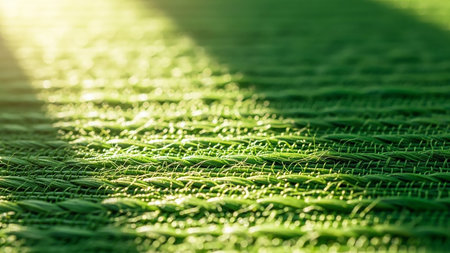 A macro view of a tightly woven green fabric texture, illuminated by a diagonal sunbeam creating a soft bokeh effect and highlighting the intricate weave.の素材