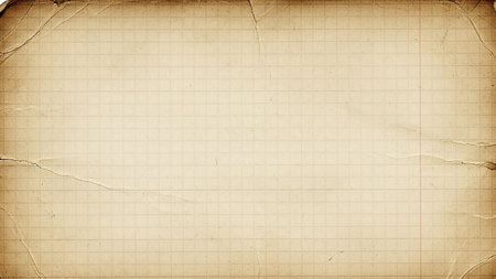 Feel. showing old vintage graph paper with grid lines and a sepia tone showing frayed edges and subtle stains for a retro background effect keywords: graph paper,...の素材