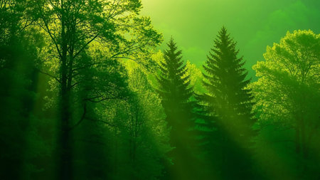 Sunbeams stream through a dense green forest canopy, illuminating tall trees and lush foliage with a vibrant emerald glow.の素材