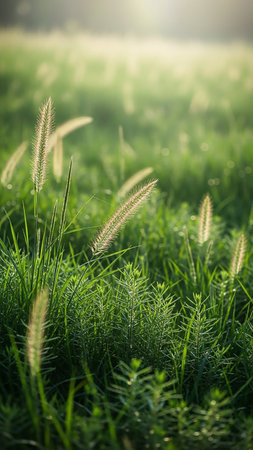 Soft morning sunlight filters through lush green grass, highlighting dew drops and feathery seed heads. The background is softly blurred with bokeh.の素材