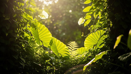 Luminous showing sunlight filtering through large green tropical leaves and vines in a jungle setting creating a luminous and inviting natural archway keywords:...の素材