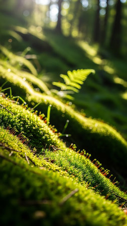 Woodland showing sunlight filtering through forest canopy illuminates vibrant green moss and a delicate fern frond on a moss-covered log, creating a serene and...の素材
