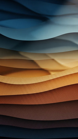 Abstract layered background with smooth, curved waves in shades of blue, beige, brown, and dark brown, creating a sense of depth.の素材