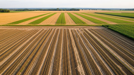 Crops showing aerial view of agricultural fields showing contrasting patterns of harvested golden wheat and green crops with tractor tracks. resolutionの素材