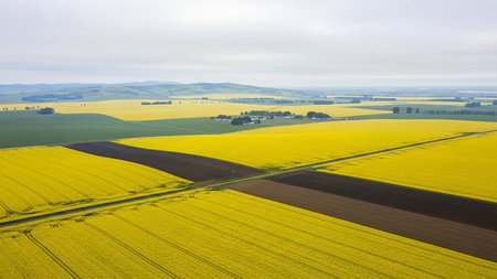 Aerial view of vast yellow canola fields and green agricultural land divided by dark brown soil strips under a cloudy sky.の素材