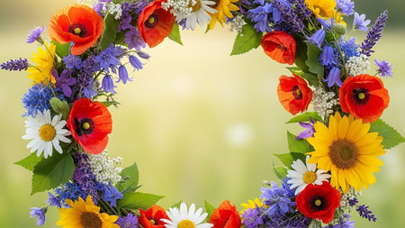 Lavender showing circular wreath of vibrant wildflowers including red poppies white daisies yellow sunflowers and blue lavender. resolutionの素材