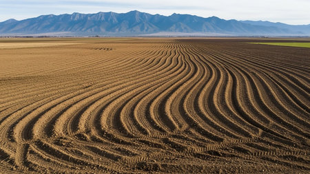 A brown, plowed field with distinct wavy furrows and tire tracks, stretching towards distant blue mountains under a clear sky.の素材