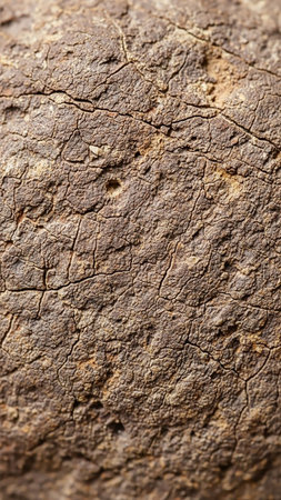 Extreme close-up of a rough, dry brown surface showing intricate cracks and small indentations, revealing a detailed organic texture.の素材
