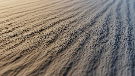 A close-up view of wind-swept sand dunes reveals intricate ripples and shadows, showcasing a natural, textured surface with warm, soft lighting.の素材