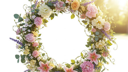 Detail showing abundant circular floral wreath composed of lush pink roses peonies lilies lavender and eucalyptus leaves illuminated by soft golden sunlight...の素材