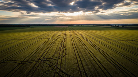 An aerial perspective captures a sprawling green and yellow agricultural field marked by tractor tire tracks, under a dramatic sunset sky with visible sunbeams.の素材