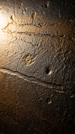 Detail showing close up macro view of a dark textured surface with cracks and golden highlights showing a rough, aged, and weathered appearance keywords: texture,...の素材