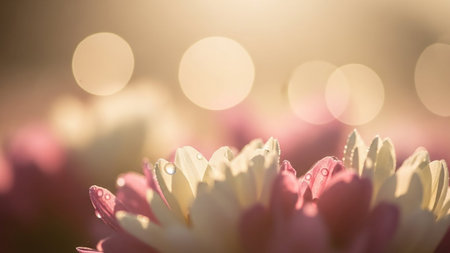 Close-up showing close-up macro shot of a pink and white chrysanthemum flower with dew drops on its petals and soft bokeh lights in the background. resolution...の素材