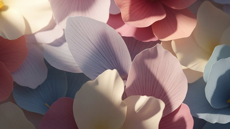Overlapping soft pastel flower petals in pink, lavender, cream, and light blue create a textured, gentle background with subtle light and shadow.の素材