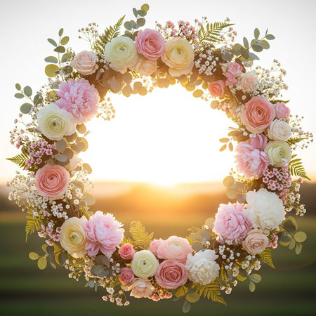 A delicate floral wreath featuring pink and white roses and greenery is illuminated by golden sunlight, casting a soft glow on the background.の素材