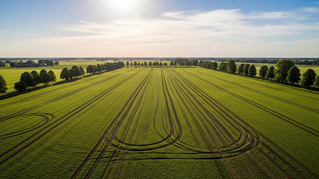 Aerial view of a vast green agricultural field with distinct tractor tracks creating curved patterns under a bright, sunny sky.の素材