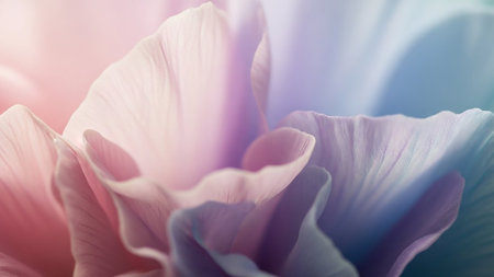 Close-up showing macro close-up of delicate flower petals in soft pastel pink and blue hues with gentle lighting and subtle texture. resolutionの素材