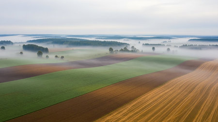 Misty morning aerial view of rolling agricultural fields in green, brown, and golden hues, with distant forests shrouded in fog.の素材
