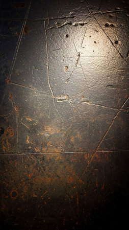 Close-up showing dark metallic surface with deep scratches and rust patches reflecting light in a dramatic and gritty industrial texture keywords: metal, texture,...の素材