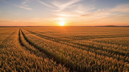 Horizon showing golden wheat field under a warm sunset sky with wispy clouds and tire tracks leading into the horizon, capturing the essence of agriculture and...の素材