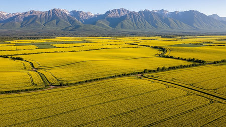 Aerial view of vast golden yellow canola fields leading towards a range of snow-capped mountains under a clear blue sky.の素材