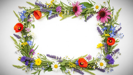 Coneflowers showing oval frame of vibrant wildflowers and green foliage with red poppies blue cornflowers pink coneflowers and white daisies on a white background....の素材