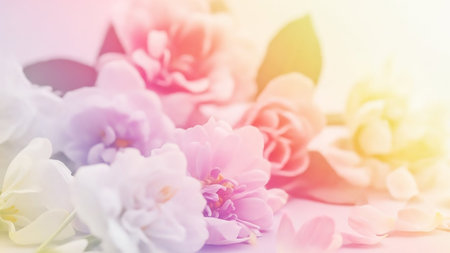 A soft focus close-up of delicate flowers displaying a gentle gradient of pastel pink, purple, yellow, and white, creating a dreamy, ethereal mood.の素材