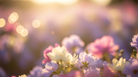 A soft focus close-up of pastel flowers illuminated by warm golden sunlight, creating a dreamy bokeh effect with glowing light orbs.の素材