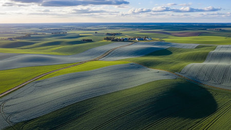 Aerial panorama of rolling agricultural fields in green and blue-gray hues, showing distinct patterns and a distant farmstead under a partly cloudy sky.の素材