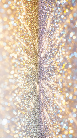 A vertical abstract filled with sparkling glitter and soft bokeh lights, creating a radiating tunnel effect with bright golden and silver tones and starburst...の素材