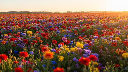A vibrant field overflowing with colorful wildflowers including red, blue, yellow, and orange blooms, illuminated by warm sunset light.の素材
