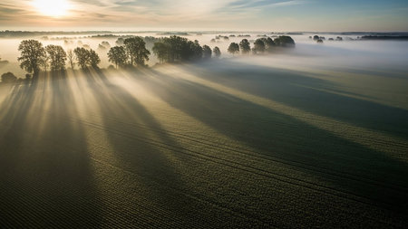 Sunrise casting long shadows across a misty agricultural field, with sunbeams breaking through the clouds and illuminating the trees.の素材