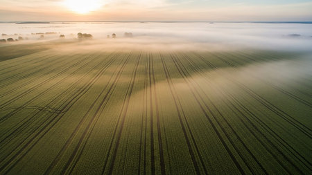 A tranquil sunrise bathes a misty agricultural field in soft golden light, revealing neat rows of crops and subtle tire tracks disappearing into the gentle fog.の素材