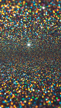 Shimmering showing sparkling and shimmering multicolored glitter particles creating a bokeh effect with a bright starburst in the center of the frame, abstract...の素材